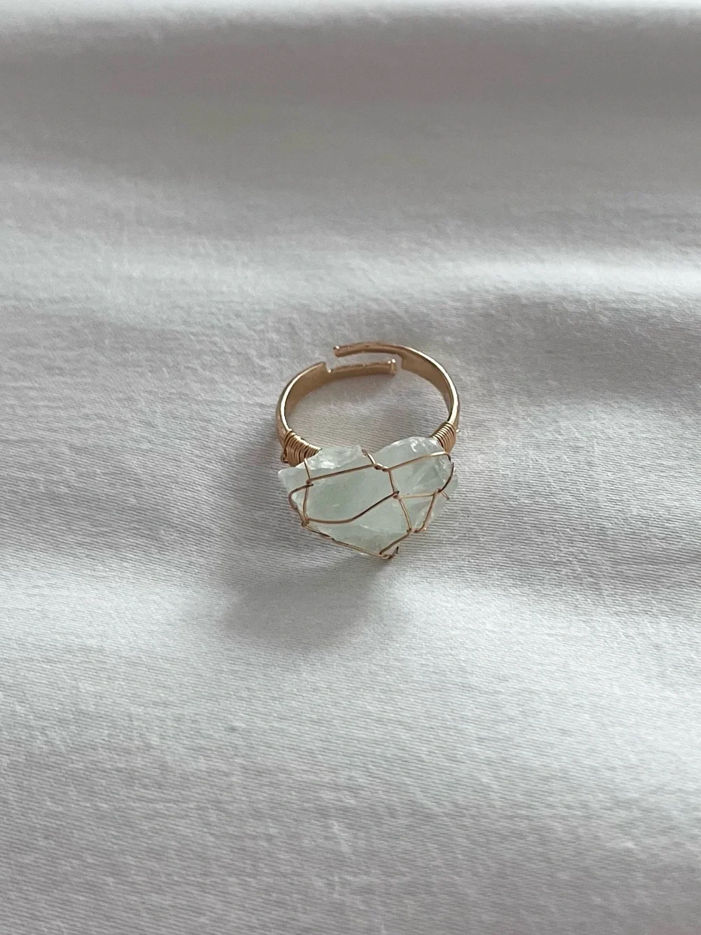 GREEN CALCITE raw cut wire wrapped natural stone adjustable gold tone ring NEW